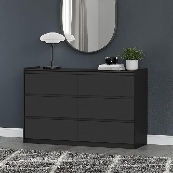 Black Dresser for Bedroom, 47" Wide Chest of Drawers, Simply Modern 6 Drawer Storage Organizer for Closet, Hallway, or Living Room