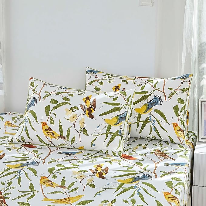 Brandream Eastern Floral Birds Chinoiserie Blossom Print Bed Sheet Set Luxury Bedding Collections 800TC 100% Egyptian Cotton Deep Pocket White Green Botanical Tree Branches Ornamental, 4Pc-Queen Size