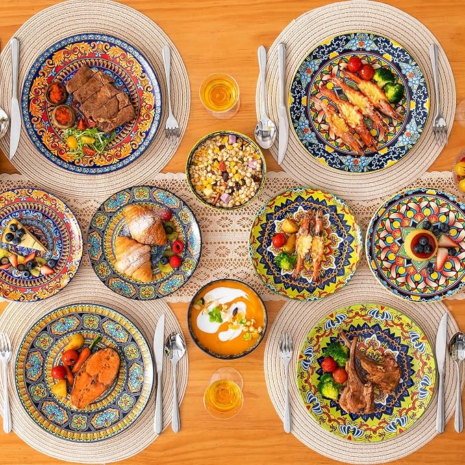 vancasso Plates and Bowls Sets,12-Piece Porcelain Dinnerware Set Service for 4, Bohemian Style Dishes Set for 4, Kitchen Dinner Set, Microwave and Dishwasher Safe, Scratch Resistant, Series KRVI