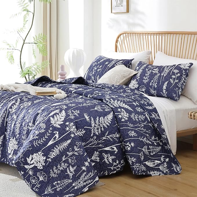JANZAA Quilts Queen Size Navy Blue Floral Queen Quilt Bedding Set Microfiber Boho Bedspread Lightweight Reversible Coverlet 1 Quilt 90x90 inches with 2 Pillow Cases