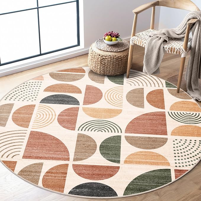 MUJOO Round Rugs 5ft,Circle Area Rug Washable,Circular Rugs for Living Room Dining Room,Boho Non Slip Throw Floor Carpet Modern Abstract Bohemian Terracotta