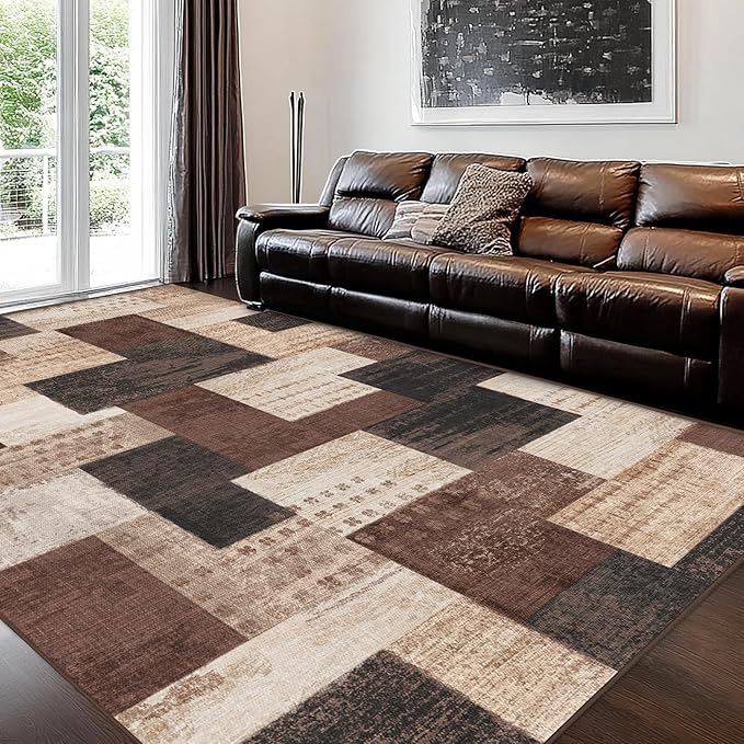 Modern Geometric Patchwork Indoor Area Rug for Living Room, Chocolate 5'x 7' Large Rug Rockwood Collection Hardwood Floors Decor for Bedroom, Brown Throw Carpet for Office Entryway Dining Room