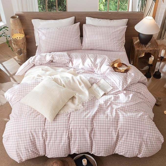 MooMee Gingham Duvet Cover Set 100% Washed Cotton Linen Like Textured Breathable Durable Soft Comfy Modern Checkered Design (Classic Gingham Greyish Pink, Twin 68"x90")