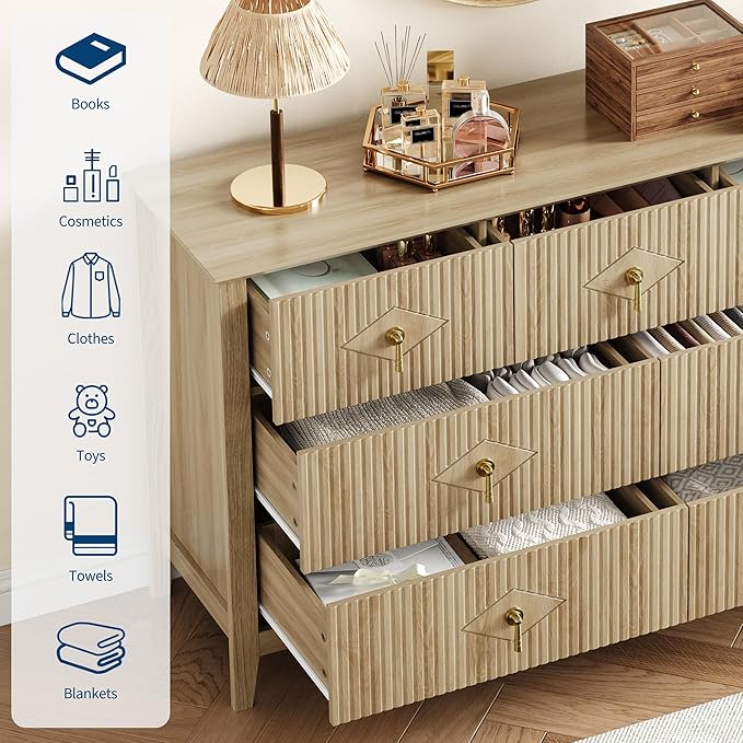 GarveeHome Fluted Dresser for Bedroom, 54 Inch Wide 7-Drawer Wood Dresser, Modern Chest of Drawers, Storage Organizer Cabinet for Living Room, Hallway, Entryway, Natural Oak
