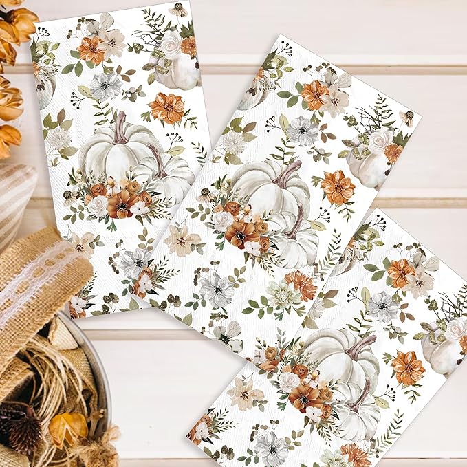 100pcs Thanksgiving White Pumpkin Paper Napkins 3 Ply Disposable Fall Pumpkin Guest Napkins Hand Towels for Bathroom Home Kitchen Table Harvest Party