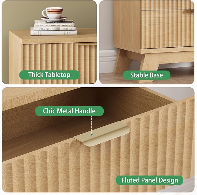 Fluted Nightstand, 31.5" Wide Side Table with 4 Large Storage Drawers, Mid Century Modern Wood Night Stand with Metal Handle, Wooden Bedside End Table for Bedroom, Living Room, Closet, Natural Oak