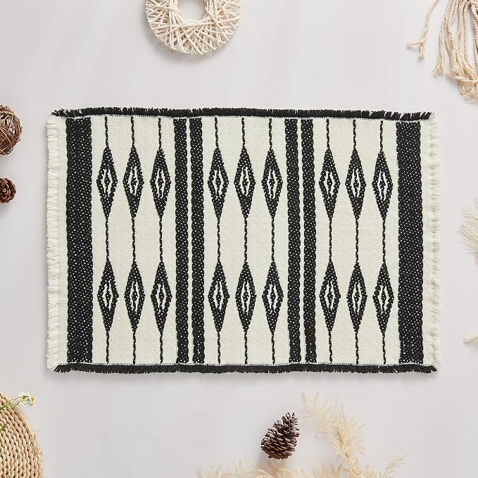 Douceur Boho Bath mat for Bathroom Floor Non Slip, Acrylic Blend Cute Bath Rugs with Tassels, Farmhouse Bathroom Rugs with Geometric Tribal Ethnic Pattern Design in Black and Cream White, 24" x 36"