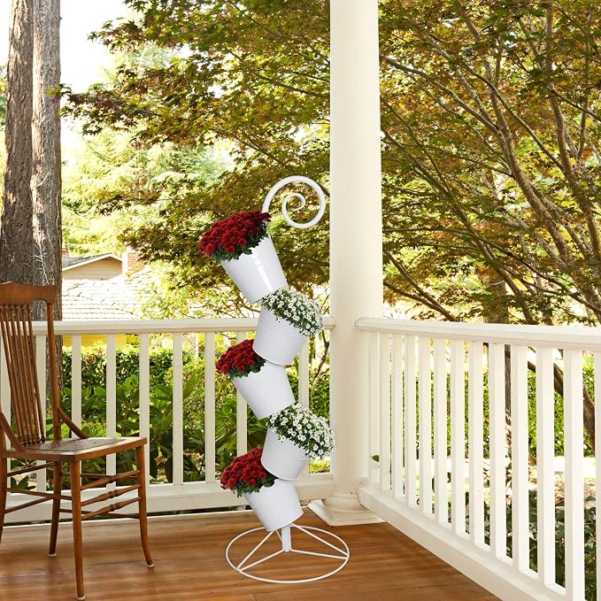 Esterno Hanging Flower Pot Tiered Stand (White), Metal Outdoor Stacking Planter
