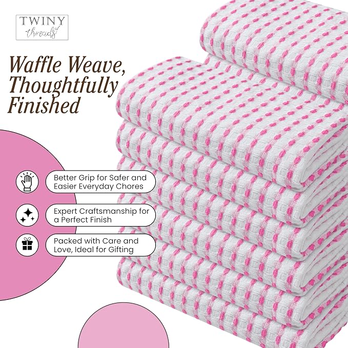 TWINY threads Waffle Towels Set of 4, 16x26 Inches, 100% Cotton, Soft, Absorbent Waffle Weave Kitchen Dishcloth Set, Durable & Machine Washable Tea Towel, Rose Pink, White