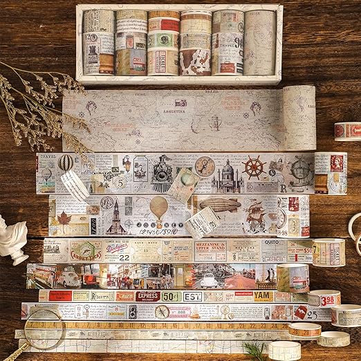 18 Rolls Vintage Washi Tape Set, Newspaper Building Map Retro Masking Tape 5/10/15/20/25/30/50/75mm Wide 6.56ft Long Decorative Scrapbook Tape for journaling, Scrapbooking Supplies, Junk Journal Craft