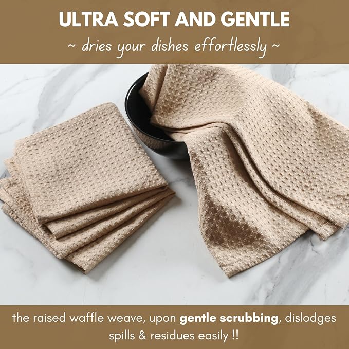 Native Fab 6 Pack Waffle Dish Cloths - 100% Cotton, Absorbent, Quick Drying & Soft Towels for Cleaning, Cooking & Drying Dishes - Perfect for Home, Restaurants & Bars, 12x12 inches - Beige