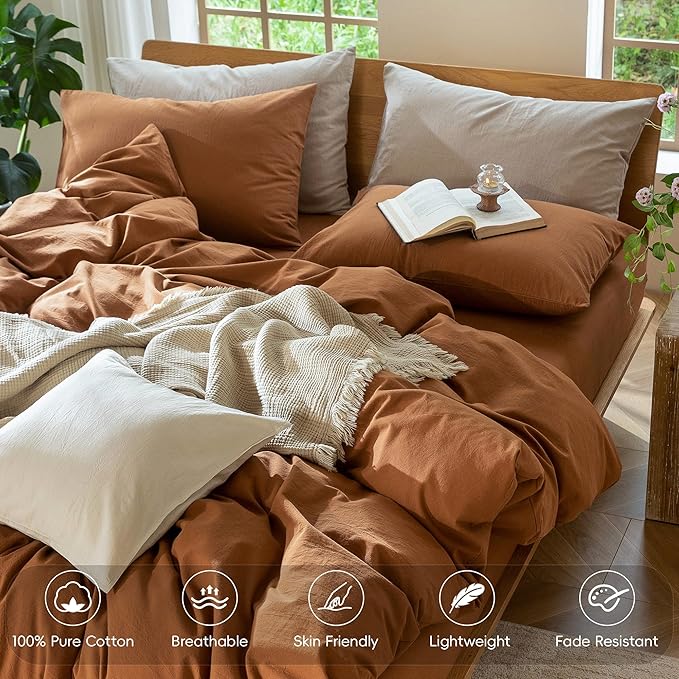 MooMee Bedding Duvet Cover Set 100% Washed Cotton Linen Like Textured Breathable Durable Soft Comfy (Solid Dark Orange, Twin 68"x90")