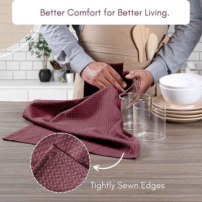 TWINY threads Dish Towel Waffle Texture, Pack of 12, 16x26 Inches, Large 100% Cotton Kitchen Linen Set, Absorbent Cloths for Drying Dishes and Cookware, Quick Drying, Machine Washable, Burgundy Wine