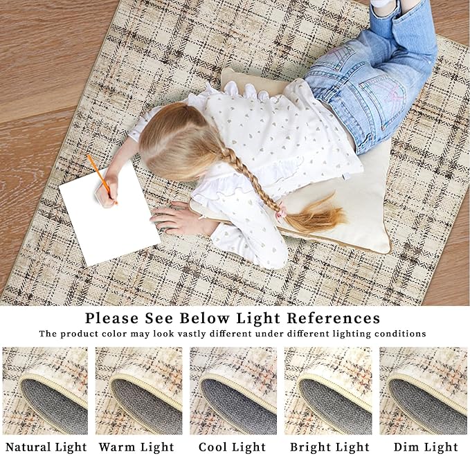 Modern Plaid Washable Rug 10x13 Area Rug for Living Room Soft Large Area Rug for Bedroom Non Shedding Non Slip Throw Rugs Stain Resistant Carpet for Dining Room Nursery Rug 10'x13' Beige
