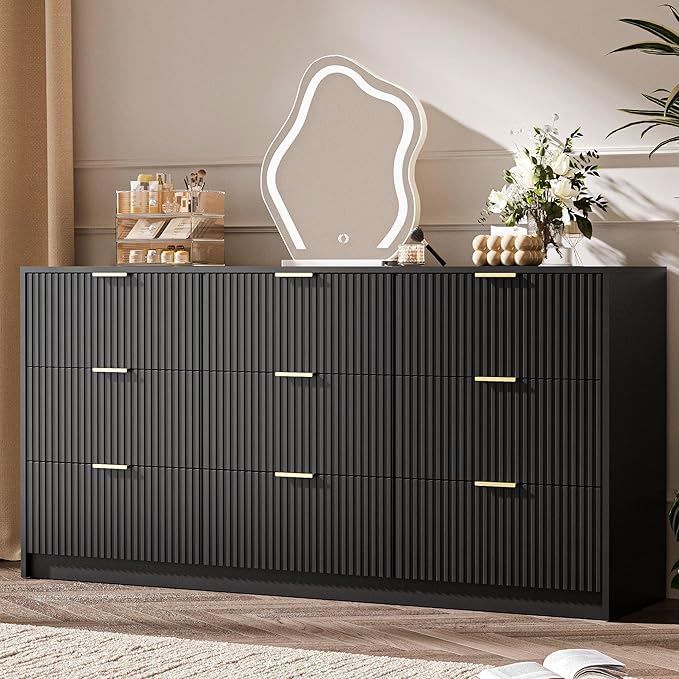 3-Piece Dresser Bedroom Set, 9 Drawer Dresser & 3 Drawer Nightstands with Gold Handles, Fluted Wood Chest of Drawers for Bedroom, Living Room, Entryway, Black