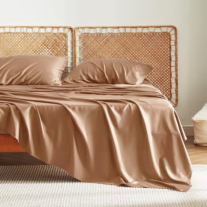 Bedsure Full Size Bed Sheets, Cooling Sheets, Rayon Derived from Bamboo, Breathable & Soft, Deep Pocket Up to 16 Inches, Hotel Luxury Silky Bedding for Hot Sleepers, Khaki