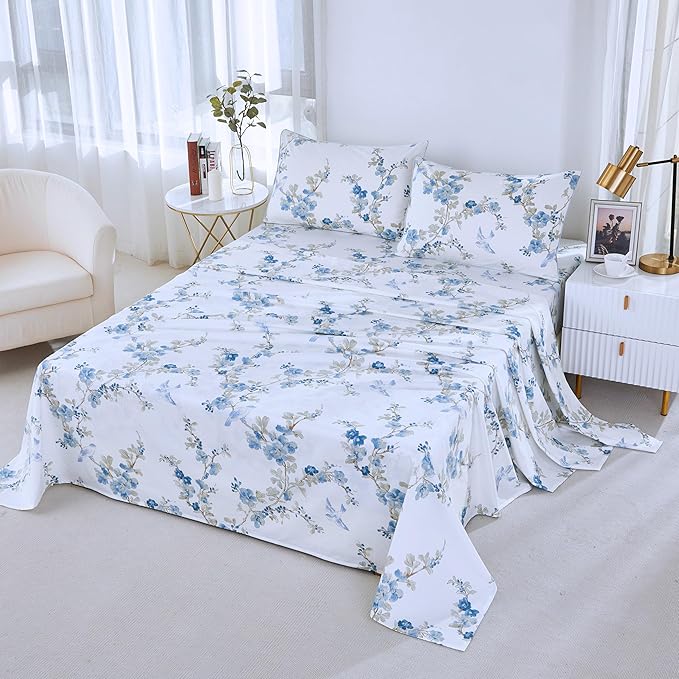 Brandream King Size Sheet Set Luxury Floral Blossom Birds Bedding Collections 800 Thread Count 100% Egyptian Cotton Deep Pocket, 4 Piece White Botanical Branches Blue Flower