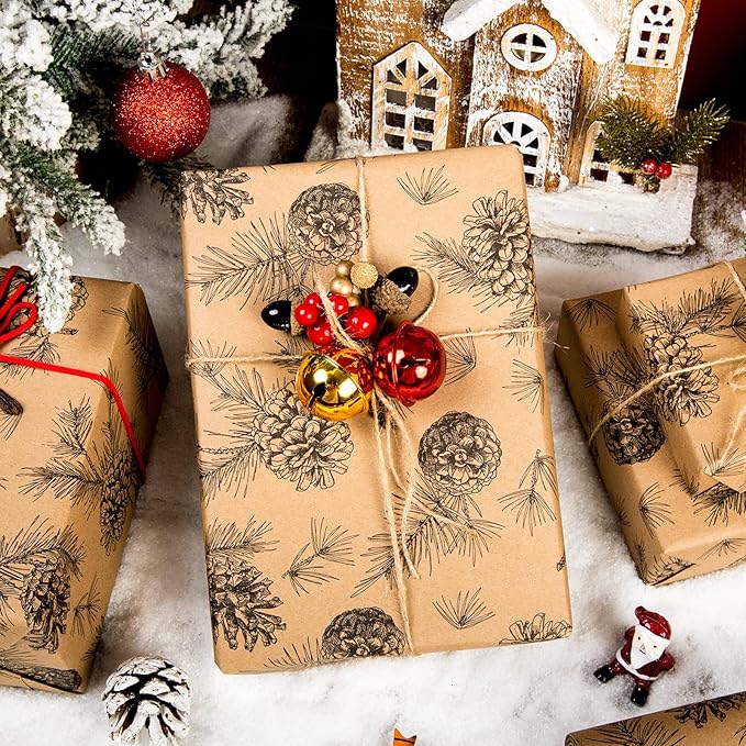 Yarcony Kraft Christmas Wrapping Paper, Pine Cone Wrapping Paper, Recycled Thick Forest Autumn Pine Cones, Botanical Brown Christmas Gift Wrap for Holiday, Thanksgiving Natural (17 Inch X 33 Feet)