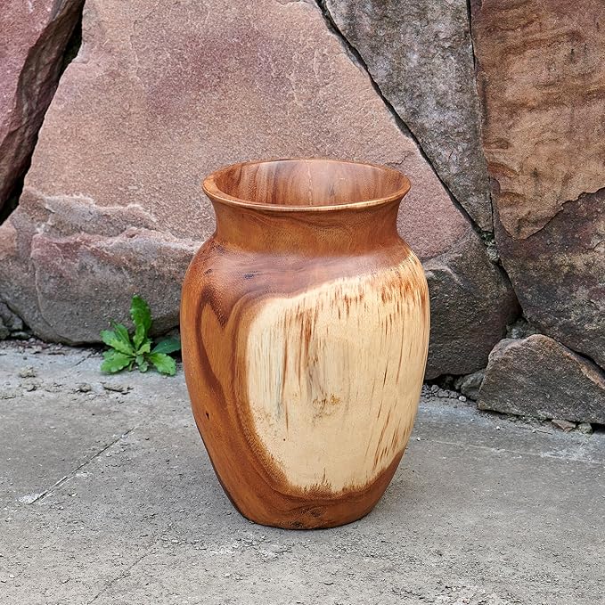 Acacia Wood Vase 7.5" x 7.5" x 11.8" H Handcrafted Natural Brown Wooden Vase Rustic Flower Holder for Entry Table Vintage Artworks Planter for Living Room Home Christmas Décor
