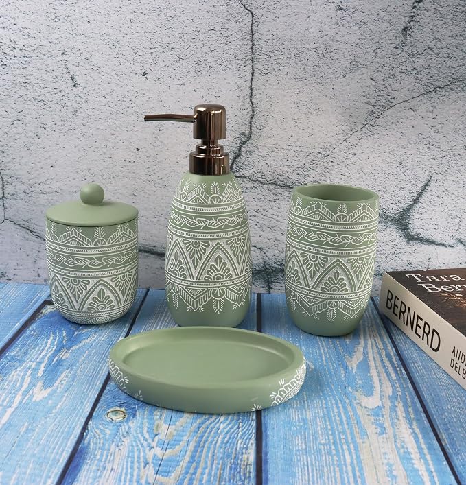 Hymmah Green Bathroom Accessories Set,Farmhouse Bathroom Decor,4 Pcs Resin Gift Set Apartment Necessities, Contain Cotton Swab Jar,Soap Dispenser,Tumbler，Soap Dish/Tray