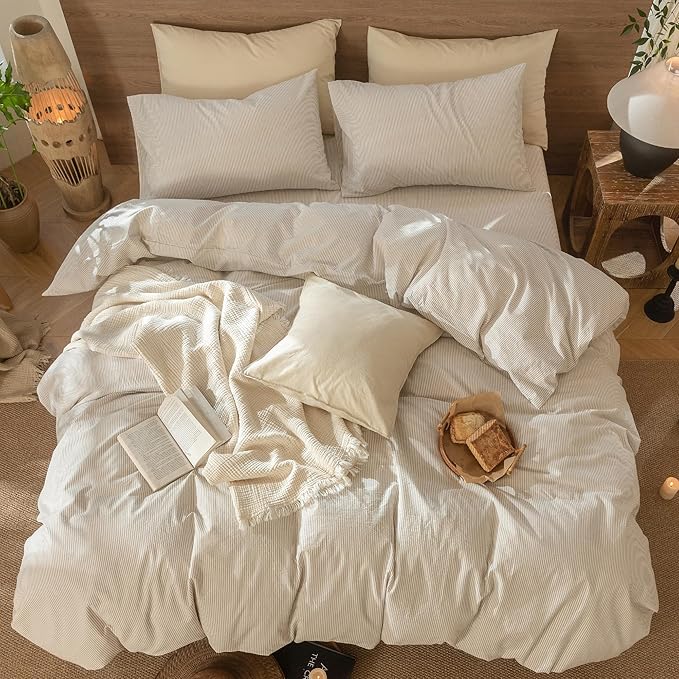 MooMee Striped Duvet Cover Set 100% Washed Cotton Linen Like Textured Breathable Durable Soft Comfy (Tannish Linen Grey White Pinstripes, Full 80"x90")