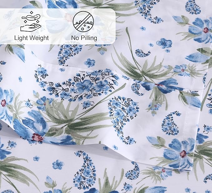 RUVANTI 100% Cotton King Size Sheets Set, 4 Pieces, Soft & Breathable Percale Weave Bedding, Deep Pocket 16", Hotel Standard, Crisp Cool Feel, Durable, Perfect Floral Bed Sheet, Paislyona