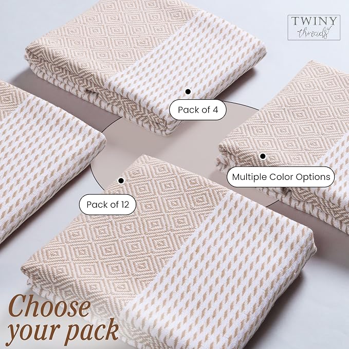 TWINY threads Kitchen Dish Towel Diamond Weave, Large Premium 100% Cotton Kitchen Linen Set, Absorbent Dish Rags for Drying Dishes, Quick Drying Washable Reusable, 4 Pack, 18x26 Inch, Beige