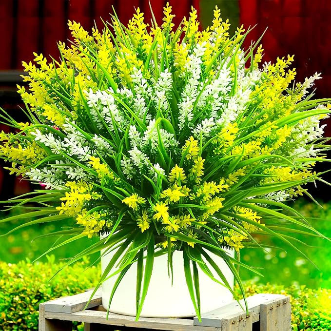 Artificial Plants Outdoor, 20 Pcs Fake Flowers UV Resistant Outdoor Fake Plants, Lavender Artificial Flowers Plastic Fake Faux Flowers Shrubs for Home Porch Garden Yard Window Box (Yellow White)