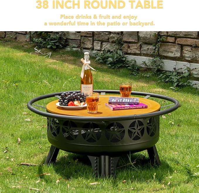 Verdeluxe 38” Wood Burning Fire Pits for Outside,3-in-1 Fire Pit with Grill, Spark Screen & Fire Poker,Outdoor Firepit Table with Swivel Cooking Grate for Yard BBQ Bonfire Patio Camping (38 inch)
