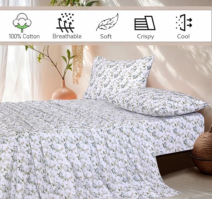 RUVANTI 100% Cotton Twin Sheets Set, 3 Pieces, Soft & Breathable Percale Weave Bedding, Deep Pocket 16", Hotel Standard, Crisp Cool Feel, Durable, Perfect Floral Bed Sheet, Heritage
