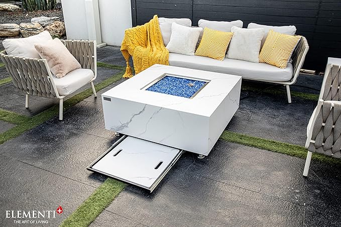 Elementi+ | Bianco Gas Fire Pit | Marble Porcelain & Metal Frame | 40" Square Fire Table | Electronic Ignition | Canvas Cover, Fire Glass & Burner Lid Included | White | Propane Gas