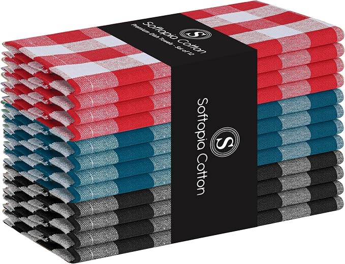 Multi Dish Towels 12 Pack Combo, 18"x26", Quick Drying Cloths, 100% Cotton, Absorbent Wash Rags, Washable, Reusable Cleaning Towels for Dishes, Kitchen Drying Use - Red, Black, Teal