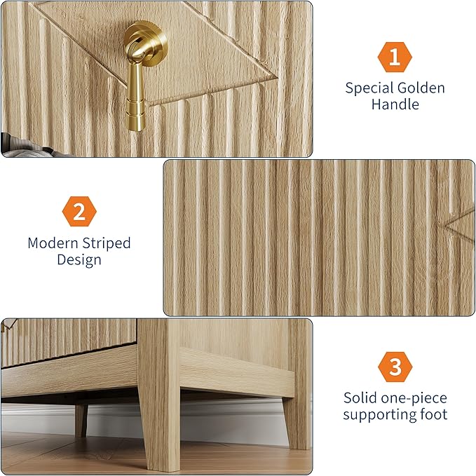 GarveeHome 2Pcs Wood Nightstand Fluted Dresser for Bedroom, 27.5" Wide 3-Drawer Bedside Tables, Modern Chest of Drawers, Storage End Table Living Room, Hallway, Entryway, Natural Oak
