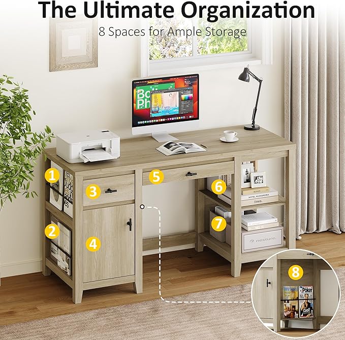 58" Executive Desk with Foldable Keyboard Tray and Charging Station, Farmhouse Wood Home Office Desk with Drawers and Magazine Rack, Large Writing Computer Desk for Home Office and Study, Brown