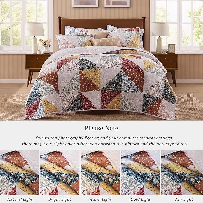 Quilt Set Queen Size, Patchwork Burnt Orange Floral Quilt Sets, Reversible Bedspread Lightweight and Breathable for All Seasons, Soft Quilted Bedspread with 2 Pillow Shams