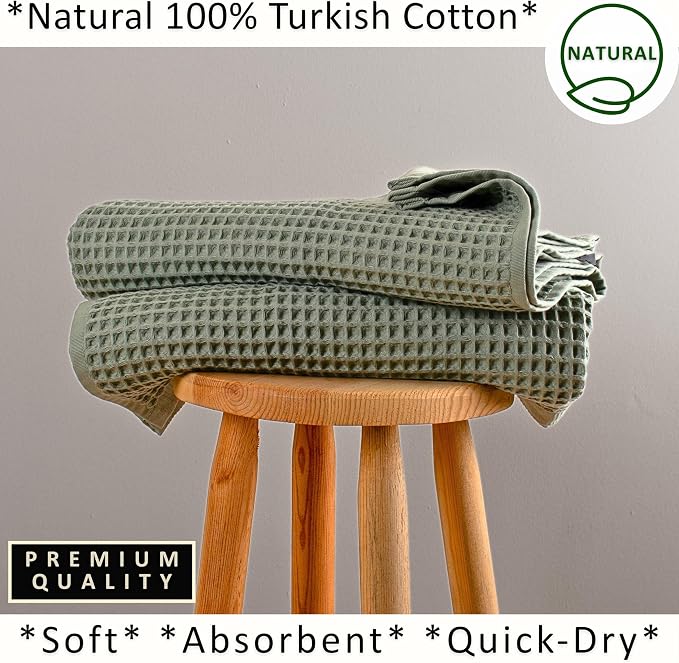 PÜSKÜL Natural 100% Turkish Cotton Waffle Bath Towels Set of 2-Piece | 32x63 inch Extra Large Absorbent Quick-Dry Lightweight Spa Towel | Luxury Sauna Accessories (Sage Green, Bath Towels - Pack of 2)