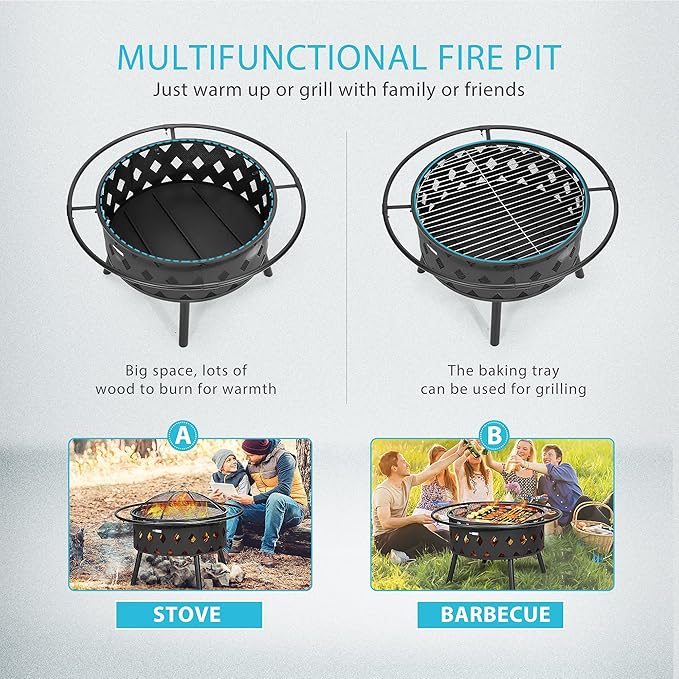 VIVOHOME 2 in 1 Outdoor Fire Pit - 36 Inch Large Bonfire Wood Burning Outside Firepit for Patio and Backyard with Spark Screen, Round Grill Grid, Poker and Fireplace Cover