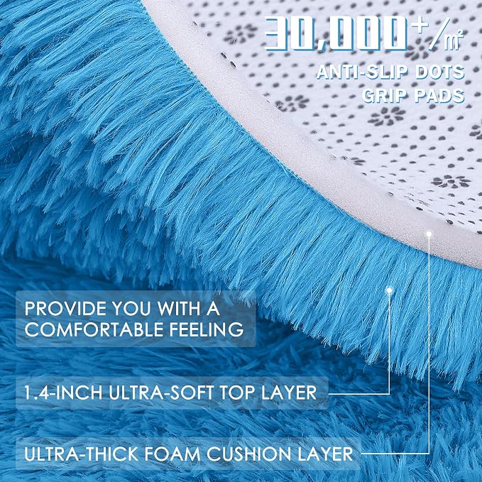 OLANLY 3x5 Machine Washable Small Bedside Rug, Soft Fluffy Shaggy Rugs for Living Room, Bedroom, Indoor Floor Carpet for Kids Girls and Boys, Preppy Dorms, Nursery, Home Decor Aesthetic, Bright Blue