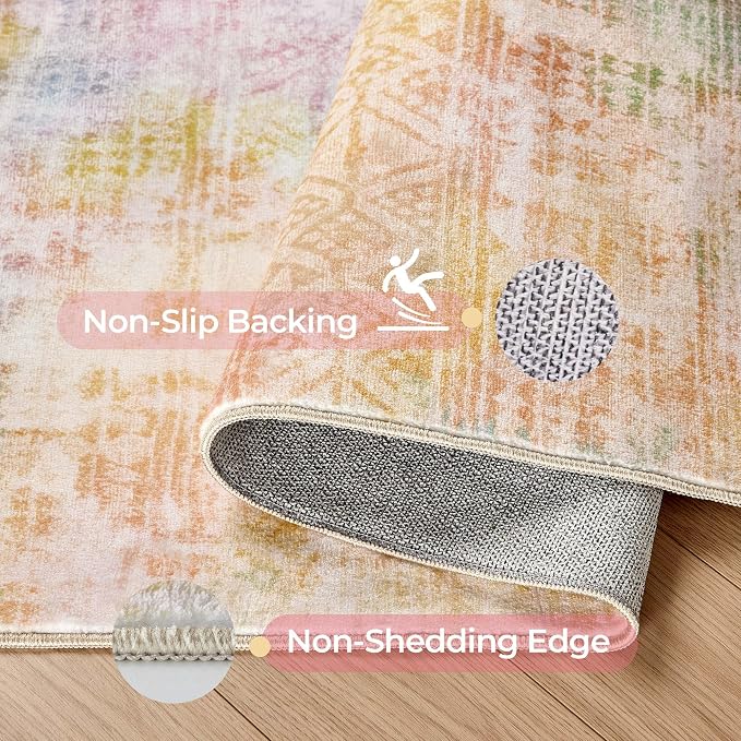 Kokia Abstract Area Rugs 9x12 Bedroom Washable Decor Low Pile Non-Slip Non-Shedding Indoor Pink Orange Carpet Foldable Stain Resistant Floor Mat Living Room Dining Room, Oslo Sunrise