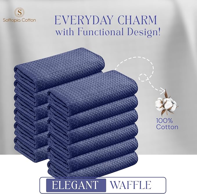 Waffle Weave Dish Towels 4 Pack, 16x26 Inches, Quick Dry Towels for Kitchen, Reusable, Absorbent Wash Cloths Set, Washable Fabric, Heavy Duty for Daily Use - Indigo Blue