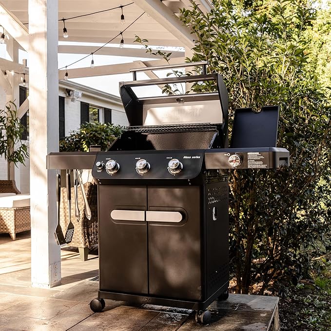 Monument Grills Outdoor Barbecue Stainless Steel 3 Burner Propane Gas Grill, 48,000 BTU Patio Garden Grill with Side Burner and Knob Controls, Mesa325 with BBQ Cover