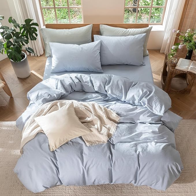 MooMee Bedding Duvet Cover Set 100% Washed Cotton Linen Like Textured Breathable Durable Soft Comfy (Heathered Cornflower Blue, Alaska King 132"x120")