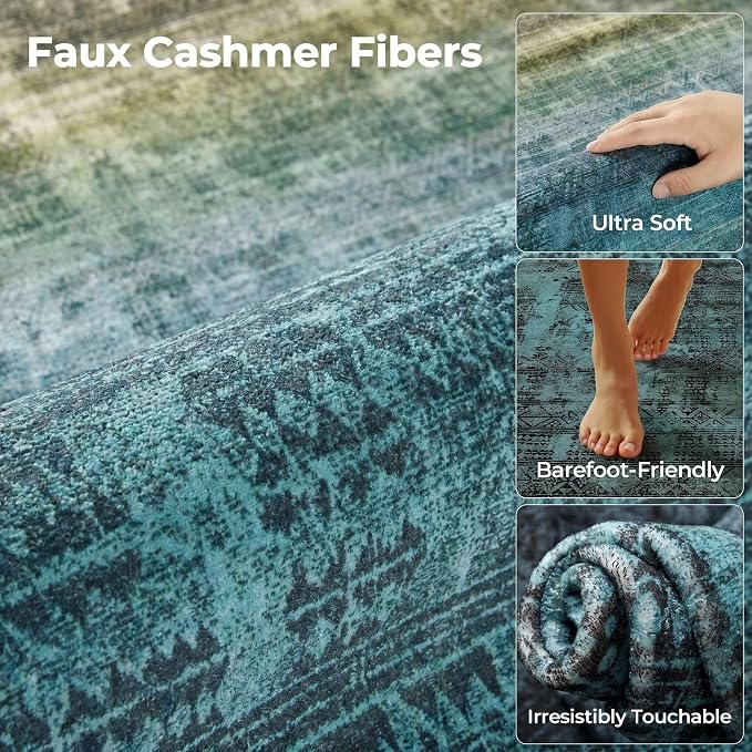 Kokia Abstract Teal Area Rugs 6x9 Boho Washable Distressed Retro Indoor Floor Rug Multicolor Low Pile Non-Slip Non-Shedding Carpet Bedroom Living Room Dining Room, Blue and Green