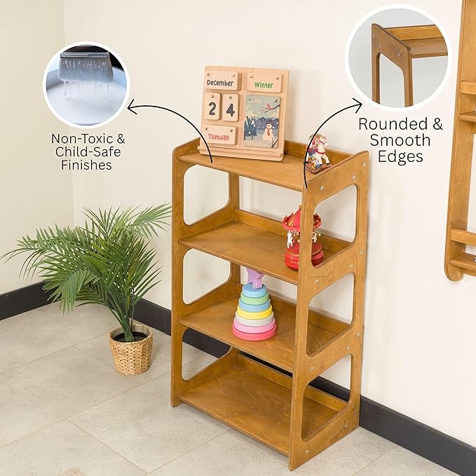 Montessori Bookshelf for Toddlers Solid Wood Toy Storage Shelf Organizer for Playroom and Classroom Floor Bookshelf for Kids Room (Oak, 4-Shelves)
