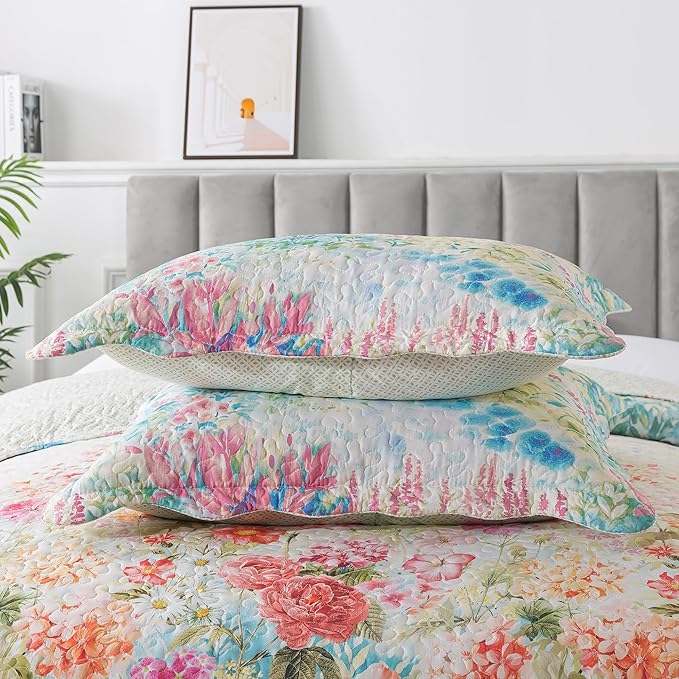 HoneiLife King Quilt Bedding Set - Floral Quilt Sets 3-Piece,Wildflower Bedspreads for King Bed, Microfiber Coverlets Botanical Bed Cover Quilt King Size All Season Quilts-Dream Garden,Coral Pink