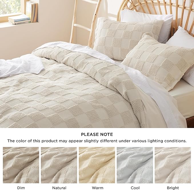 Bedsure Boho Kids Duvet Cover King Size（Duvet Insert/Comforter not Included - Checkered King Duvet Cover for All Seasons, Soft Shabby Chic Boho Bedding (Beige, 104" x 90")
