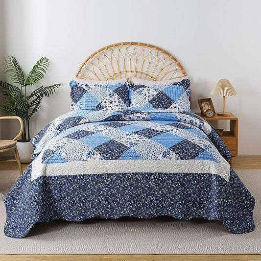 HoneiLife Quilt Sets Twin Size - 2 Piece Microfiber Quilts Reversible Bedspreads Patchwork Coverlets Floral Bedding Set All Season Quilts with Blue and White Porcelain Pattern