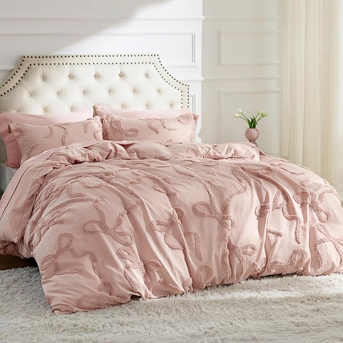 Bedsure Boho Duvet Cover Queen Size - Rose Pink Tufted Boho Bedding, Farmhouse Shabby Chic Embroidery Bedding for All Seasons, 3 Pieces, 1 Soft Jacquard Queen Comforter Cover and 2 Pillow Shams