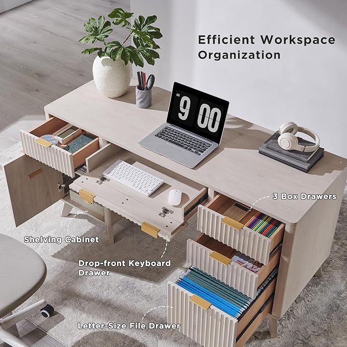 T4TREAM Fluted Executive Desk with Drawers, 60" Modern Home Office Computer Desk with Charging Station, File Cabinet, Keyboard Tray and Storage Cabinet for Study, Living Room, Bedroom, Alder White