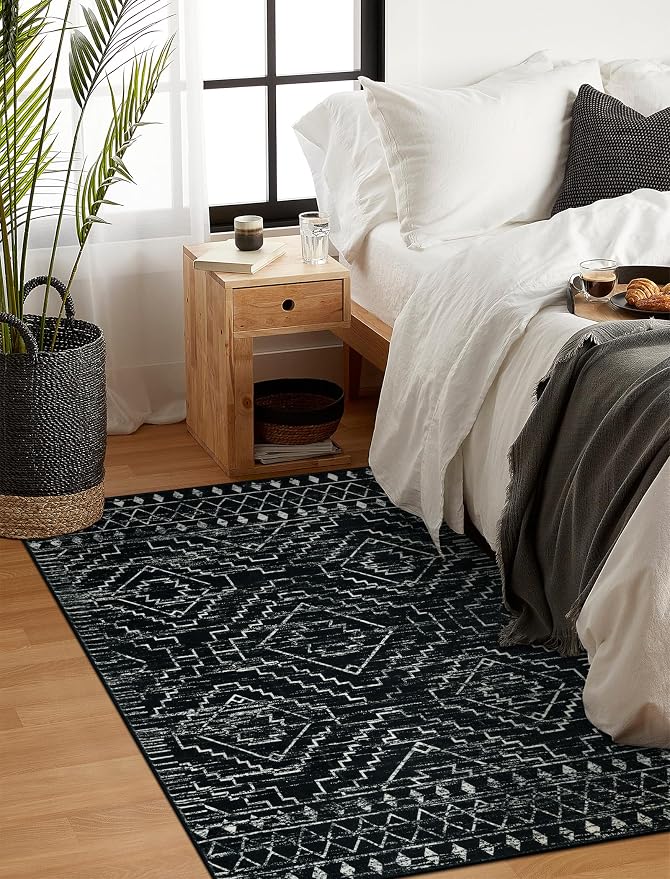 Wonnitar Moroccan 3x5 Rug, Black Washable Small Rug for Bedroom, Non-Slip Geometric Tribal Entry Throw Mat, Boho Farmhouse Rustic Soft Low Pile Area Rug for Bathroom Dining Guest Room (Black,3'x5')